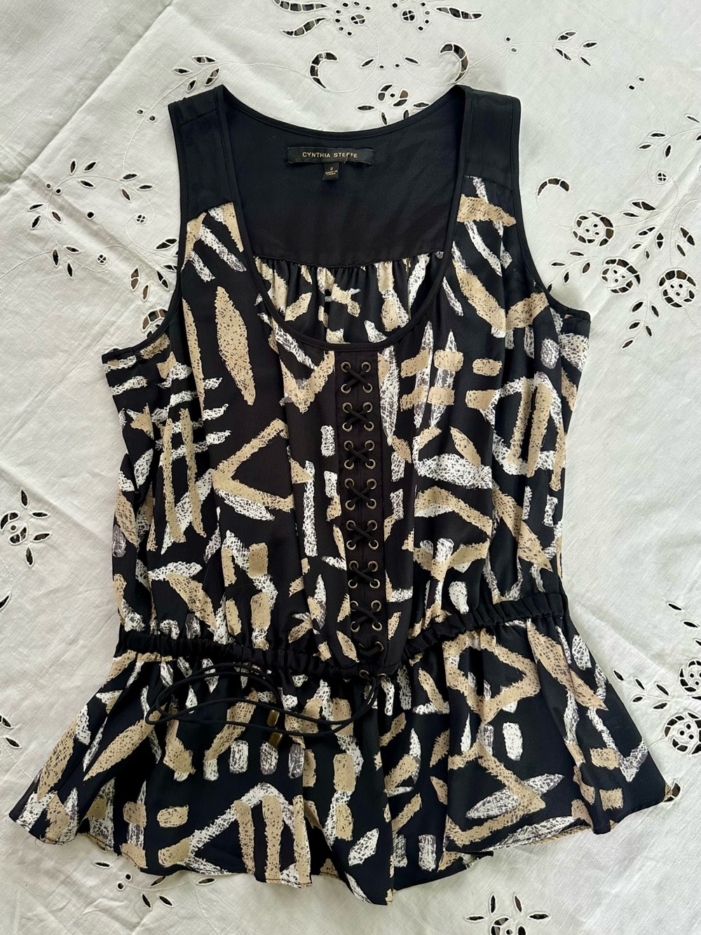 Cynthia Steffe Silk Black Tank with Beige & White Abstract Lace-Up Peplum
